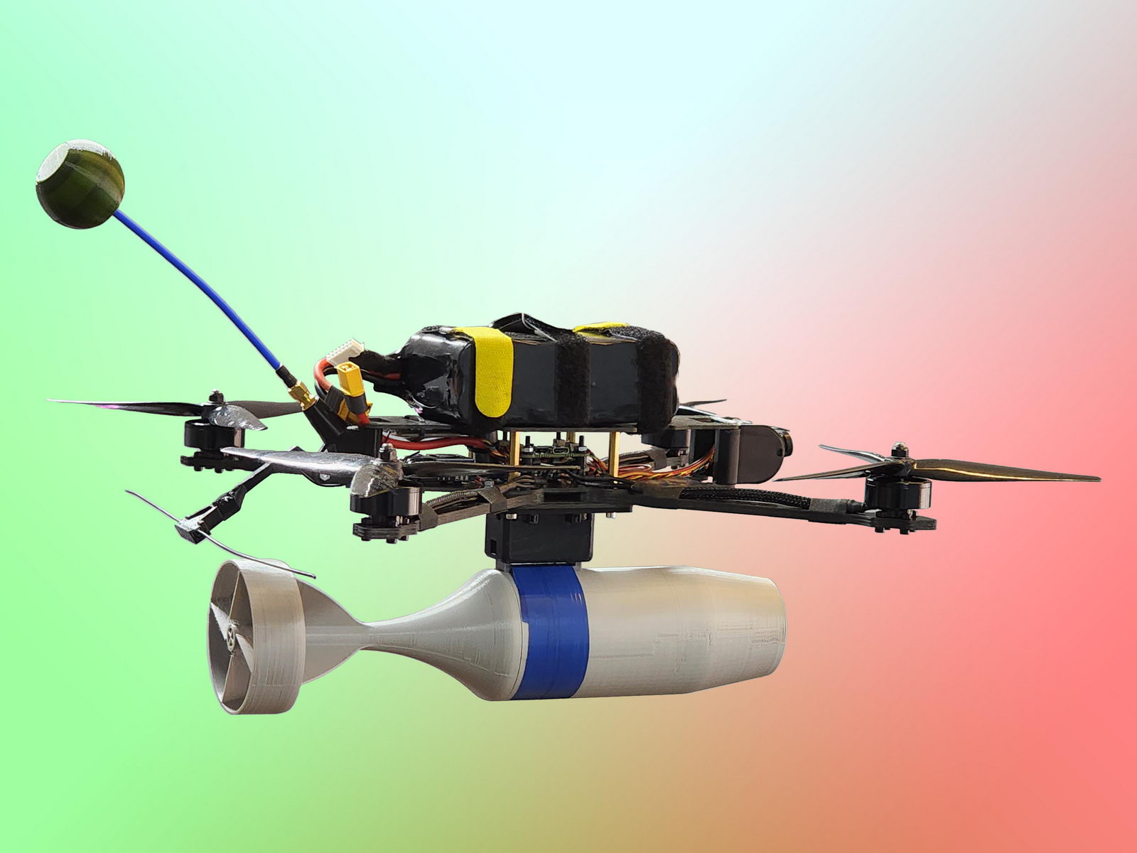 FPV bomber drone with throw system, 8 inch up to 2 kilograms payload